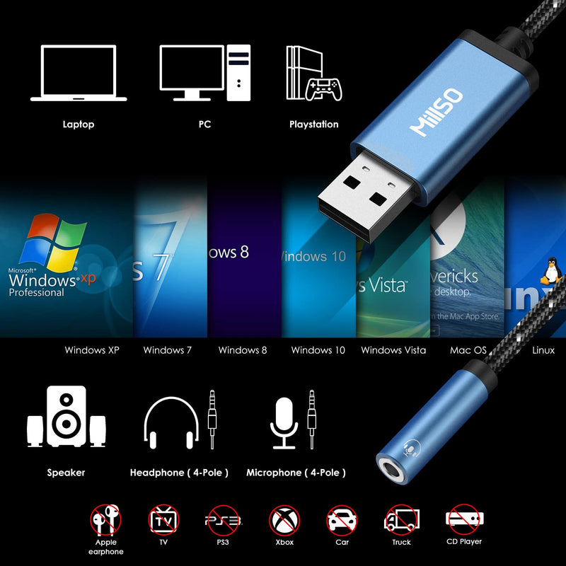 MillSO USB to 3.5mm Jack Audio Adapter - Durable Braided/Smart Chip TRRS 3.5mm Aux to USB External Stereo Sound Card for Headphones, Speakers, PS4, PC, Laptop 1 Feet - Braided