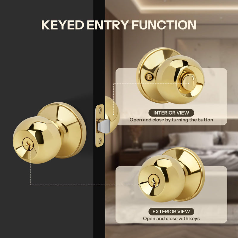 Ball Design Door Knob with Keys and Lock, Keyed Entry Round Shaped Doorknob for Front/Entrance Doors, Polished Brass Finish