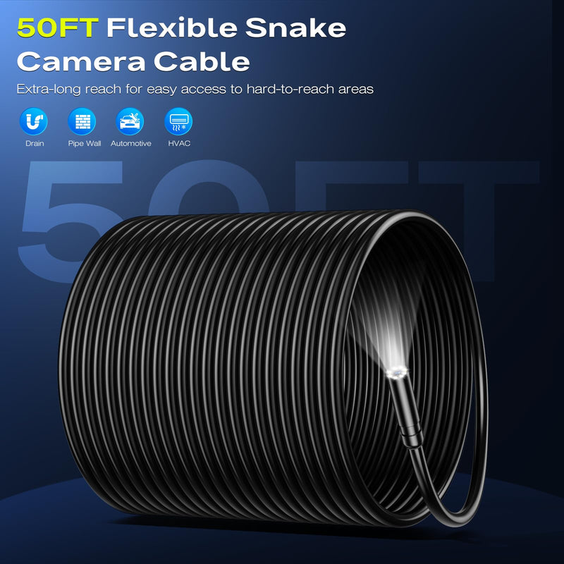 Endoscope Borescope Camera with Light, 4.3" IPS 1920P HD Inspection Camera, 50FT Semi-Rigid Snake Cable, IP67 Waterproof (7.9mm Probe) with 8 Adjustable LEDs for Sewer, Automotive Engine, Pipe, HVAC 50FT Single Lens