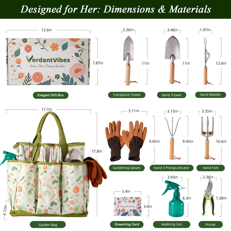 VerdantVibes 10-Piece Garden Tool Set - Heavy Duty Stainless Steel Gardening Kit with Wood Handle, Pruners & Vegetable Print Tote Bag - Unique Gardening Gifts for Women Mom Grandma Green