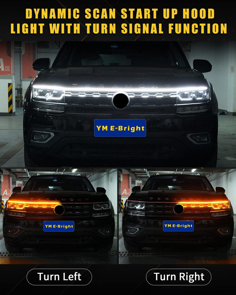 Dynamic Scan Start Up Hood Light Strip Sequential Flowing Turn Signal Lights Flexible DRL Daytime Running Light Car Led Light Strip Exterior,Dual Color Amber White Switchback 12V 70inch (1 Set) White/Amber Switchback 70 inches