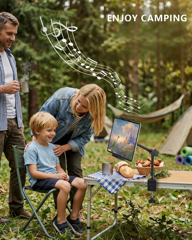 Camping Tablet Holder, Adjustable Clip-on Stand for RV & Picnic | C-clamp fits 2.36" surfaces, 360° rotatable, tool-free installation, compatible with 6–15.6" phones & tablets