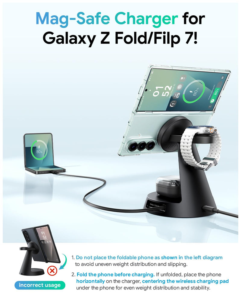 Meifigno 4 in 1 Magnetic Charger for Samsung with 20W Fast Retractable Cable, Wireless Charging Station Designed for MagSafe Charger Stand for Galaxy S26 Ultra Z Fold7/Flip7/Galaxy Watch Ultra 8/Buds
