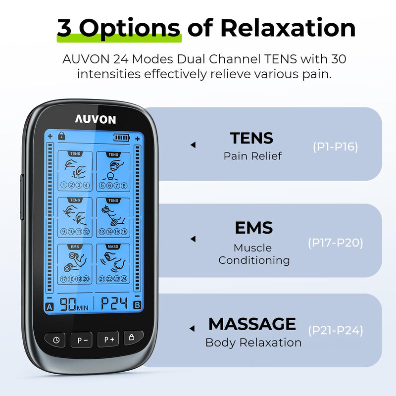 AUVON 3-in-1 TENS Unit Muscle Stimulator for Pain Relief Therapy, 30 Intensities EMS Massager Machine for Gradual Back, Shoulder, Sciatica, 24 Modes Pulse Massager with EVA Travel Case, 12 Pads