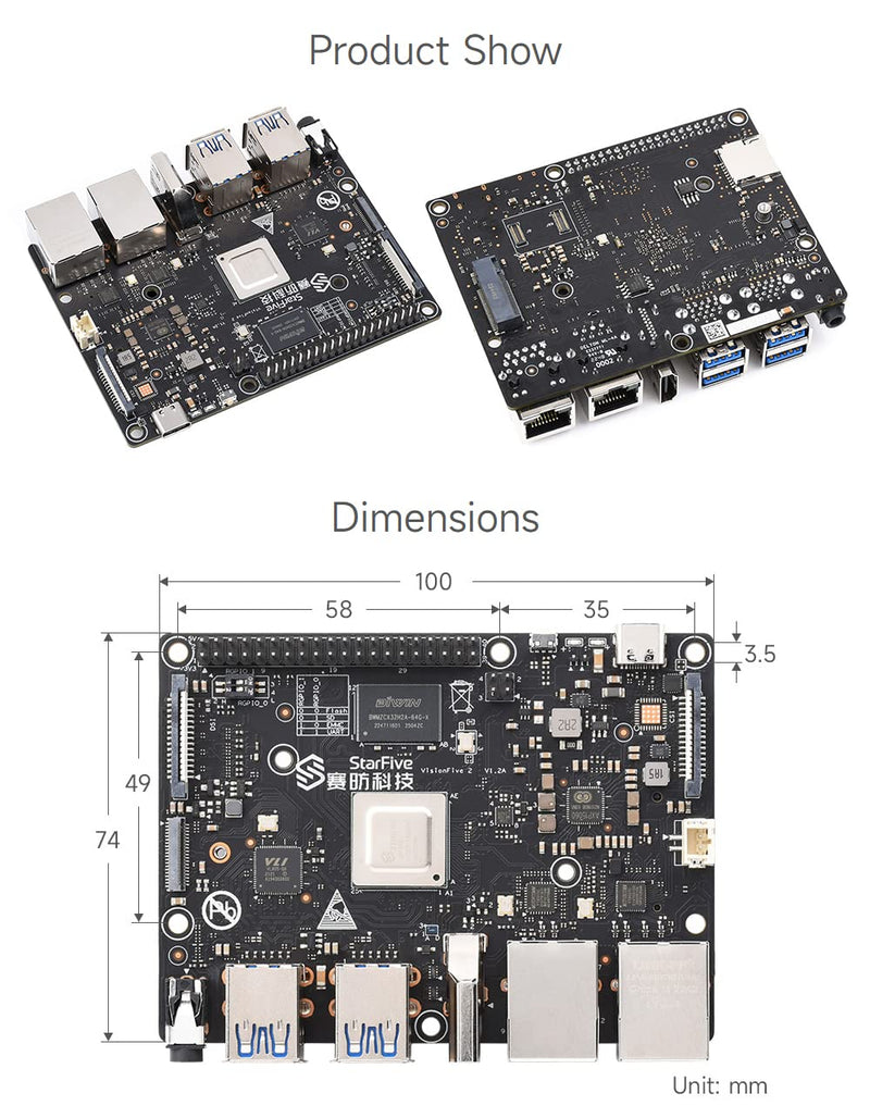 Waveshare VisionFive2 RISC-V Single Board Computer, StarFive JH7110 Processor with Integrated 3D GPU, 4GB Memory, Without WiFi Module, 1.3B New Version