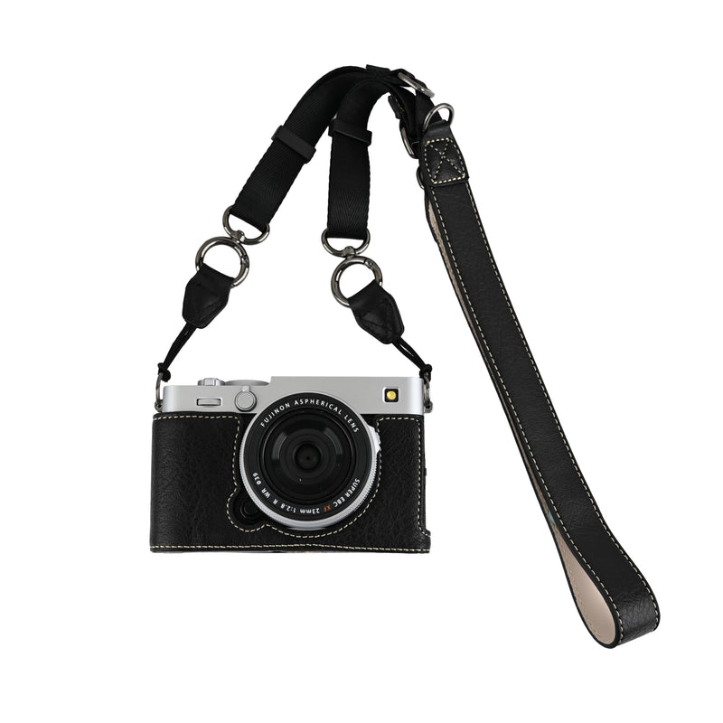 X-E5 Case, Handmade PU Leather Half Camera Case Bag Cover Bottom Opening Version for Fujifilm X-E5 XE5 With Neck Strap Lens Cover (Black) Black