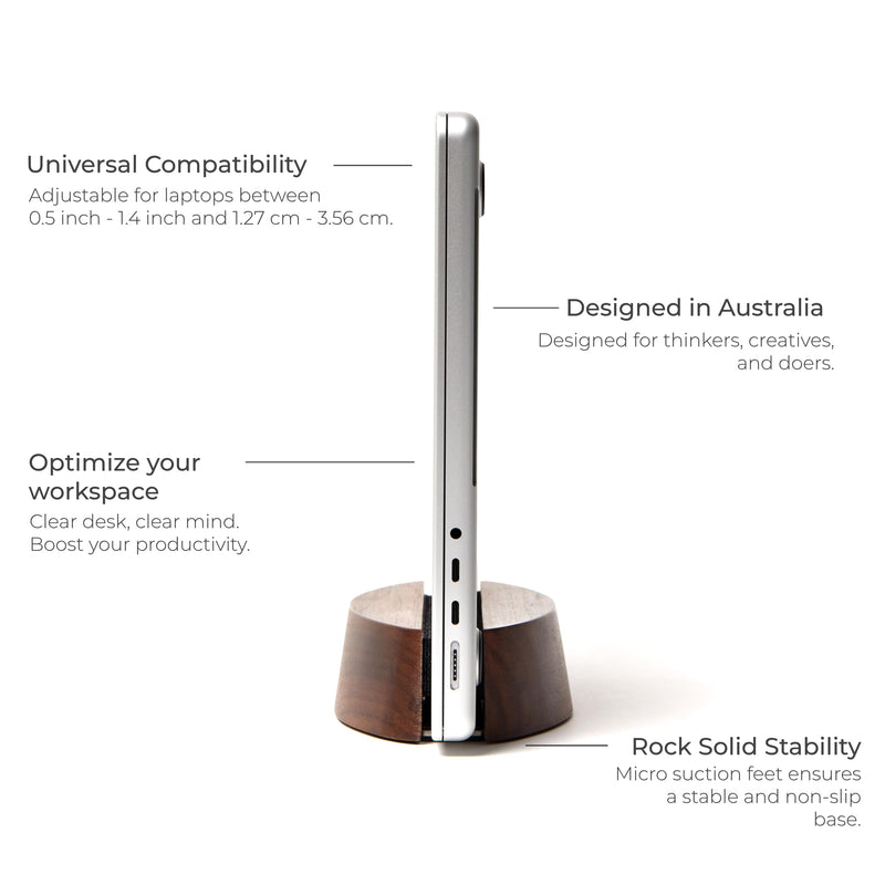 Nordik Adjustable Vertical Laptop Stand - Walnut - Premium Laptop Holder for Home Office, Software Engineers - Space Saving Desk Laptop Dock - Stable Non-Slip Wood Stand - MacBook Pro