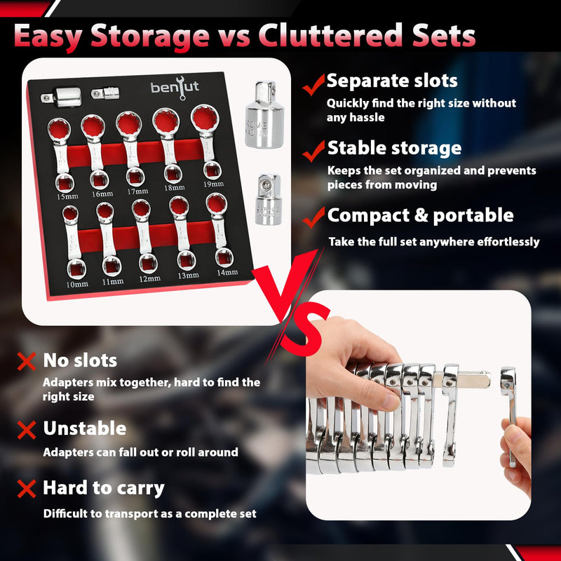12PCS Metric Torque Adapter Set, 10–19mm Torque Wrench Extension Adapter, 3/8" Drive, 12 Point Box End Torque Wrench Adapter Set, Chromium Vanadium Steel with 1/2" & 1/4" Adapters Metric 10–19mm