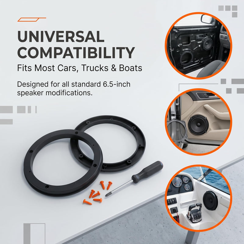 2 PCS Car Speaker Spacers, 6.5" Plastic Speaker Mounting Ring for Enhanced Sound Quality, Anti-vibration Door Baffle Gasket, Modified Accessory for Most Cars SUVs Trucks (Black)