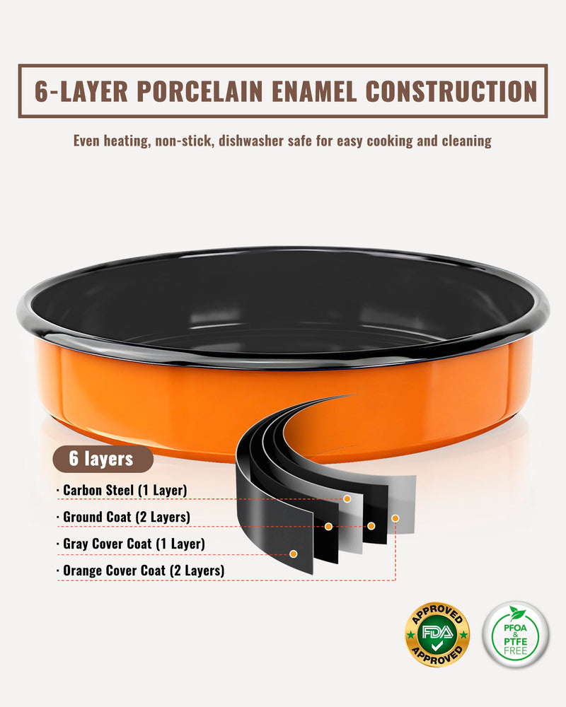 10 Inch Enamel Round Roasting Pan Deep Baking Dish for Chicken Pizza & Bread Heat Resistance Easy-To-Clean Bakeware Sheet Oven Dishwasher Safe, Birthday Gift Cake Pan Orange - 10 Inch