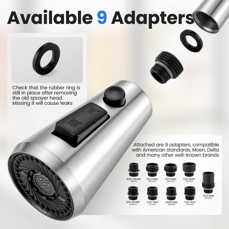 Pull Down Faucet Sprayer Head Replacement, Stainless Steel 3 Function Nozzle with 9 Adapters for Kitchen Sink Faucet, Compatible with Moen Delta Kohler Faucets, Brushed Nickel
