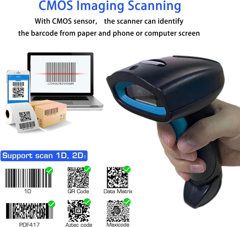 Wireless Bluetooth Barcode Scanner Automatic 2D QR Code Scanner Wireless for POS System, 1D PDF417 Screen Scanning Barcode Reader for Warehouse Inventory,Supermarket,Retail Shop Wireless Bluetooth