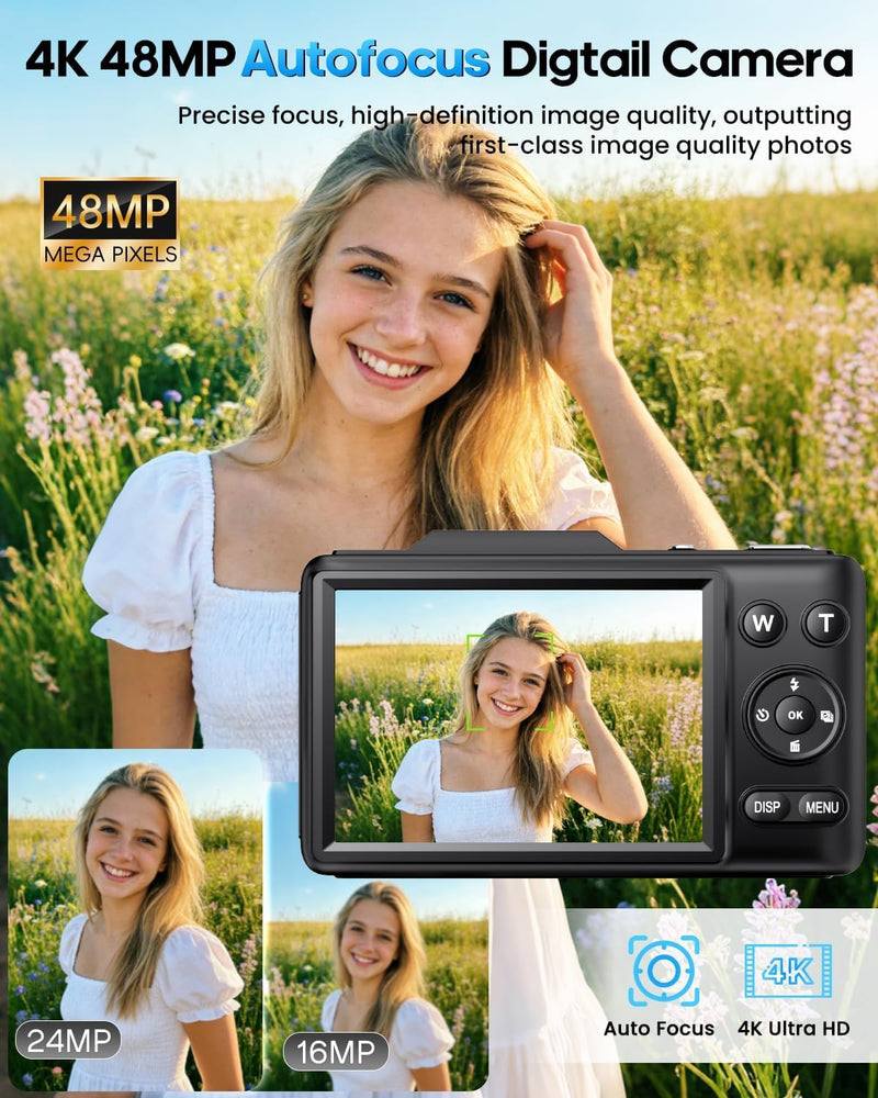 Digital Camera 4K for Kids-48MP Autofocus Vlogging Camera with 32GB Card, 16X Zoom, Anti-Shake, Compact Point and Shoot Camera for Teens Beginners, Birthday Gift Black