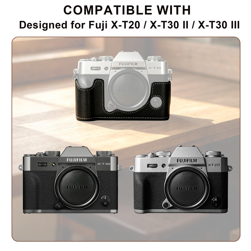 Carrying Case for FUJIFILM X-T30 III/X-T30 II/X-T30 Mirrorless Camera | Fujifilm X-T30 III/ X-T30 II Camera Half Leather Bag, Retro Style Camera Case (with Shoulder Strap, Screen Protector), Black