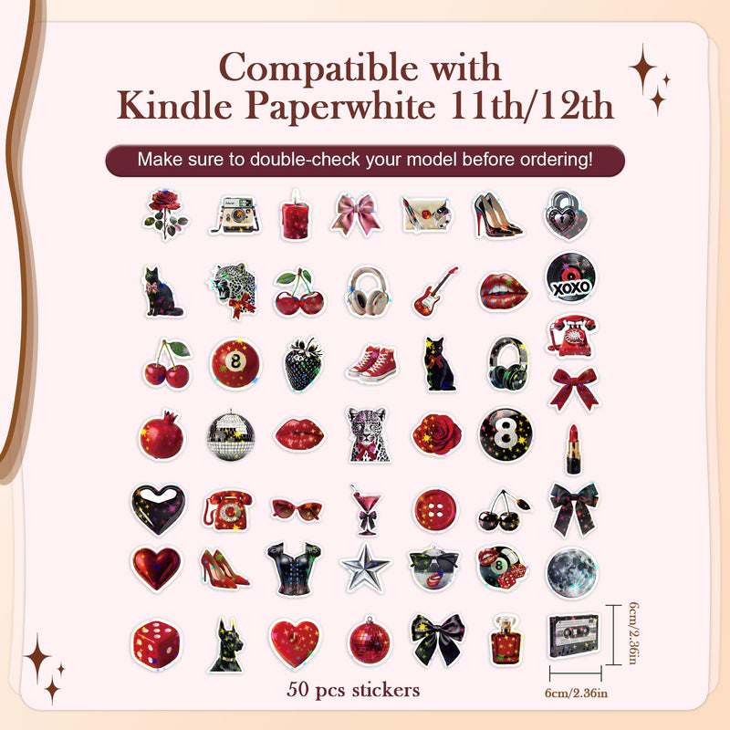 Rngmsi Insert Cardstock for Clear Case - 12Pcs Red Cherry Leopard Print Cardstock Inserts Compatible with Kindle Paperwhite 11th-12th, 50Pcs Vintage Y2K Stickers for E-Reader Clear Back Cover