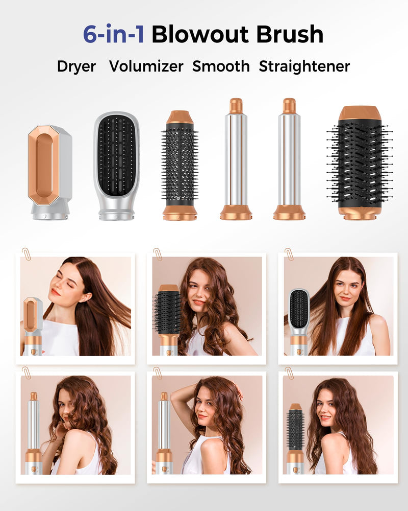 MogaWave Airbrush Pro Hair Styler 6 in 1 Air Styler with Hair Dryer, Blow Dry Hair Brush, H Curler, Magic Airstyler Multi Hair Stylers for Drying and Styling Straightening Volumizing Curling Sleeking Gold