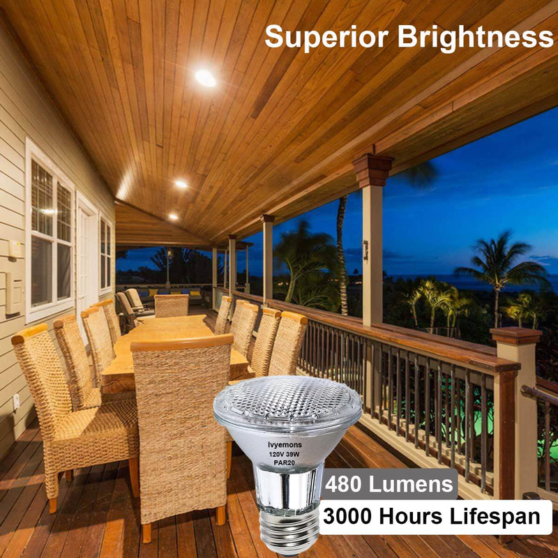 PAR20 Flood 39W 120V 480 Lumens- 6 Pack PAR20 Flood Light Bulbs with E26 Base, PAR 20 Dimmable 2800K Warm White, Long Lasting 39W PAR 20 Bulb for Recessed Lighting & Range Hood Light Bulbs 39W - 6 Pack