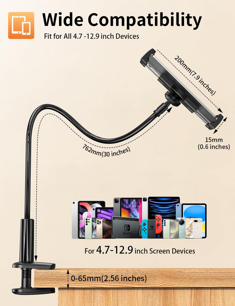 Gooseneck Tablet Holder for Bed, Adjustable ipad Stand with Long Arm | 360° Adjustable, Hands Free Tablet Mount Clip, Compatible with iPad/Mini/Galaxy Tabs/Kindle/Switch or More 4.7-12.9" Devices