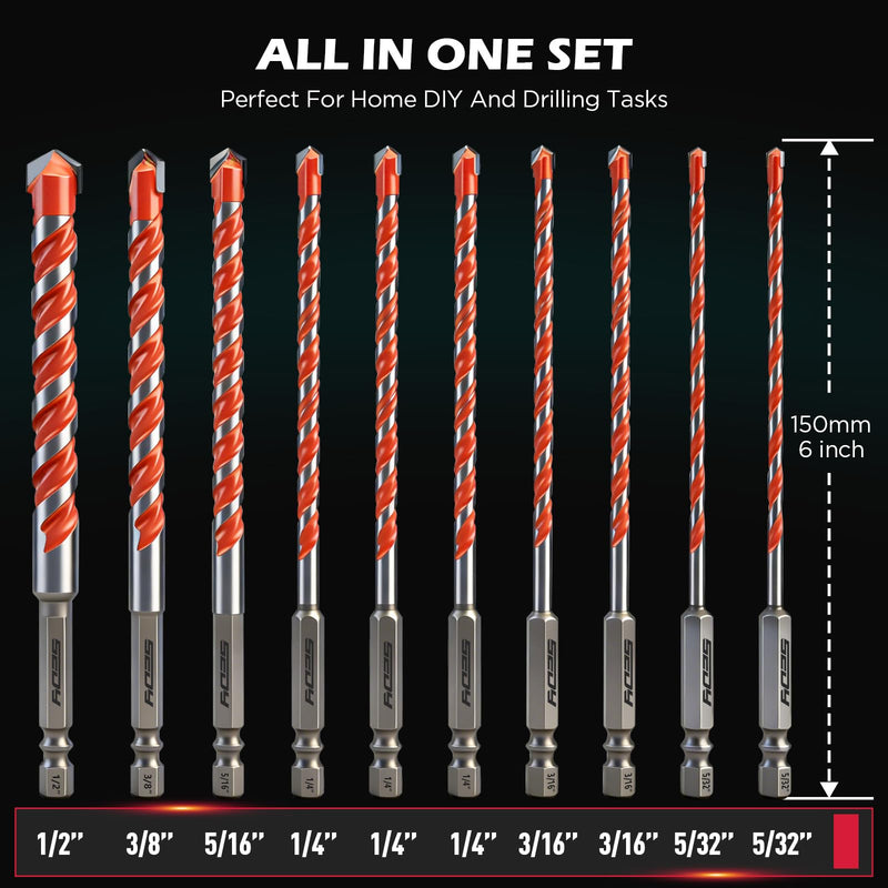 10-Piece Masonry Drill Bit Set, 6-Inch Carbide Tipped Concrete Drill Bits with Hex Shank for Brick, Cement, Tile, Wood and Light Metal, Fast Drilling and Chip Removal