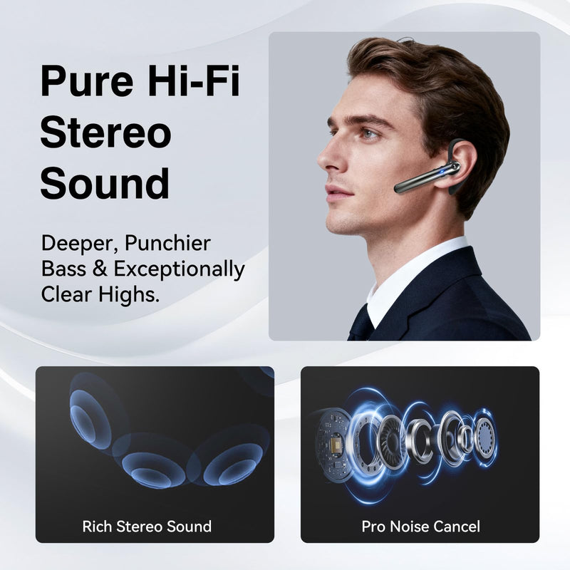 Bluetooth Headset, Wireless Bluetooth 5.4 Earpiece with 10Hrs Hands Free Talk Time, Single-Ear Headset with Noise Canceling Mic, Dual Pairing Headphones for Business/Office/Driving/Trucker/Android/iOS Black