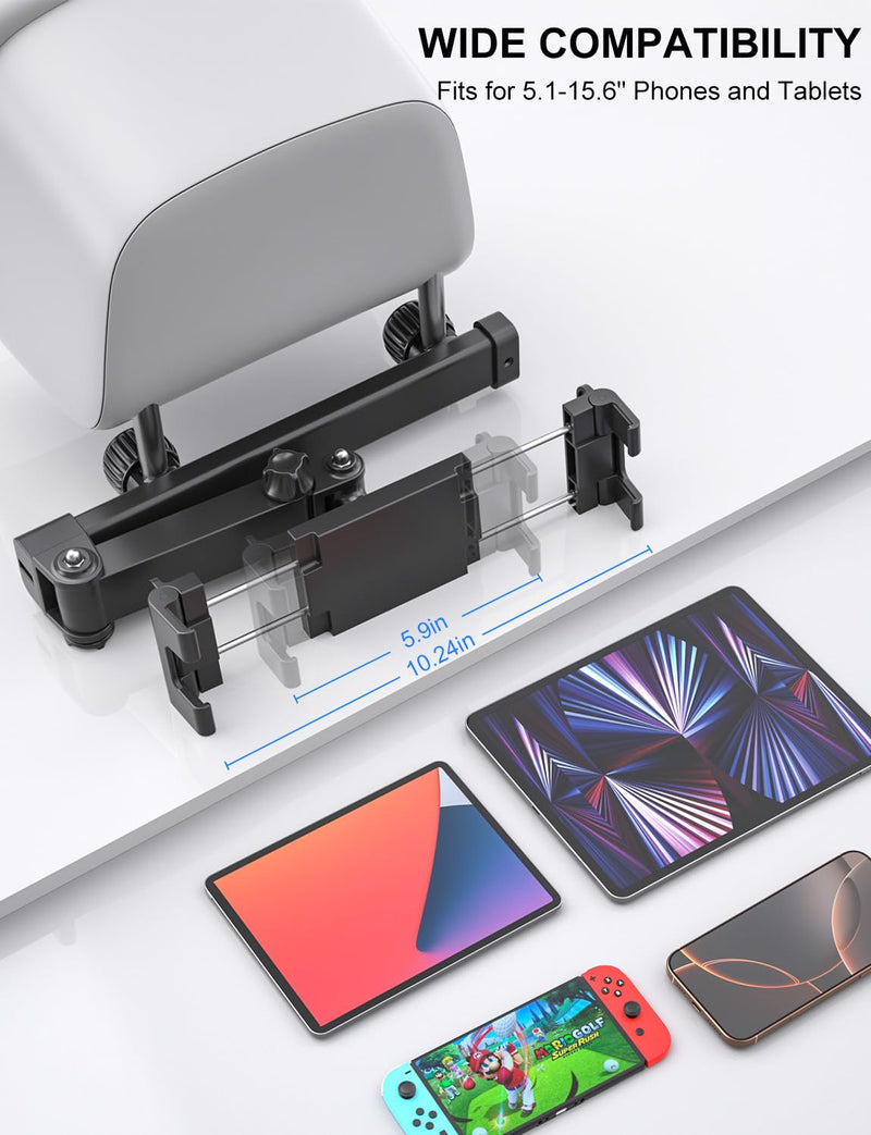 PLDHPRO Tablet Holder for Car Headrest, Backseat iPad Mount with Foldable Extension Arm, Road Trip Accessories for Kids, Fits 5.5-14.6" Tablets & Phones, iPad Pro Air Mini, Galaxy Tab, Fire HD
