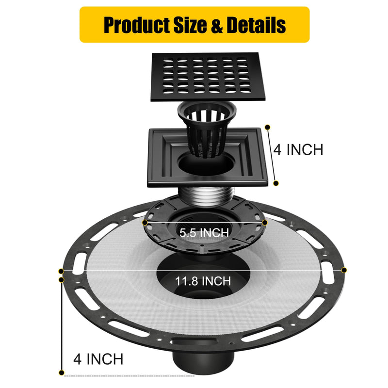 4 Inch Shower Drain Compatible with Schluter Kerdi System, Bonding Drain with PVC Bonding Flange for Schluter Shower Kit, Diamond Pattern Grate (Black) Black Grate 4 Inch