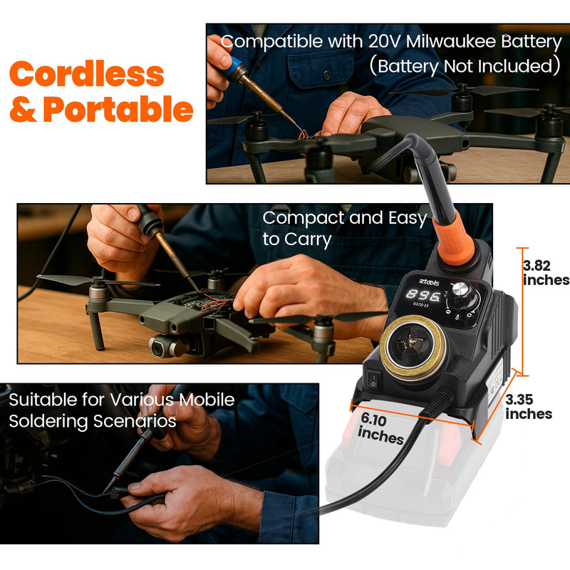 937D-I 3 Cordless Soldering Station, Portable Soldering Iron Kit Compatible with 20V Milwaukee Battery, Integrated Design, Adjustable Temperature 392°F-896°F, Digital Display, Auto Sleep compatible with Milwaukee 18/20V Battery