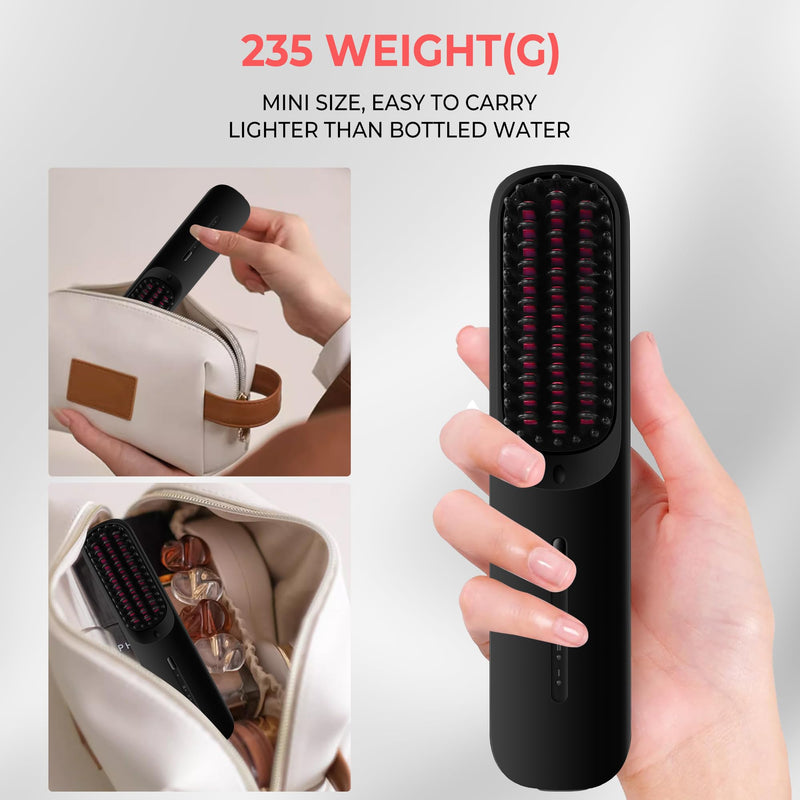 UKLISS Go Brush Pro Cordless Hair Straightener Brush, USB Straightener | Rechargeable Ceramic Styling Brush with 4 Heat Modes & LED Display, Portable for Travel & Everyday Use Black