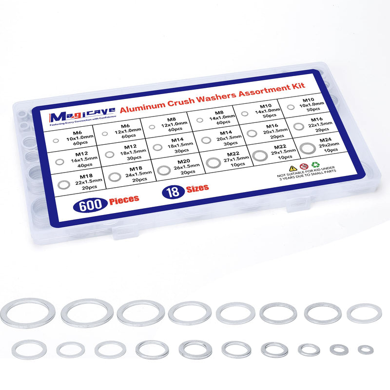600 Pcs Aluminum Crush Washer Assortment Kit – 18 Sizes Oil Drain Plug Gasket Assortment, Drain Plug Washer Kit for Automotive Oil Pan Repair (M6 to M24) 600PCS (M6-M24)