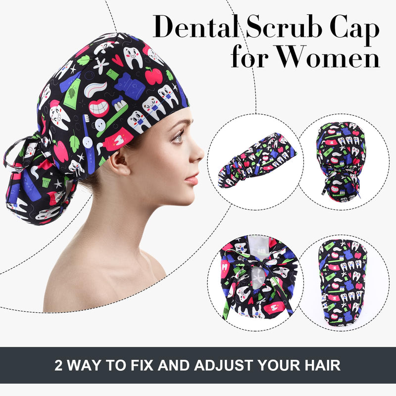 Tisancy 12 Pcs Dental Scrub Cap for Women Nurse Cap with Button Adjustable Dentist Surgical Hat Long Hair Ponytail Pouch Hat Classic