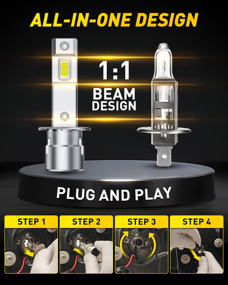 AUXITO H1 LED Bulbs, 900% Ultra-Bright, 6000K White, Easy Plug-N-Play Installation, IP68 Waterproof, Pack of 2