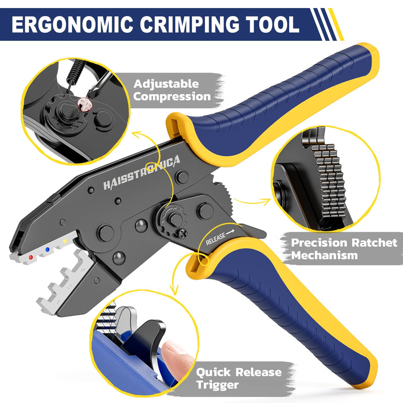 haisstronica 6 in 1 Crimping Tool Kit, Professional Ratchet Wire Crimper with 6 PCS Interchangeable Dies for Heat Shrink, Non-Insulated,Ferrule,Open Barrel,Insulated Connectors, Men Tool Gifts