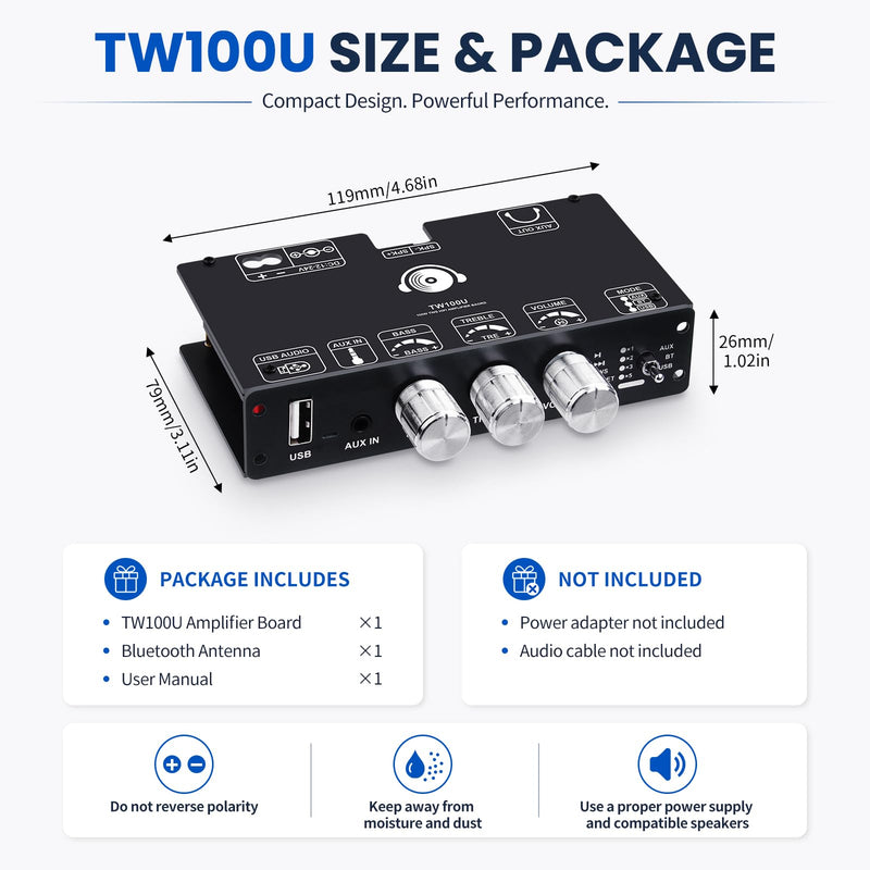 TW100U Mono Bluetooth Amplifier Boards, 2-PCS | 2 TPA3116D2 mono boards with TWS pairing, Bluetooth, AUX and USB inputs plus bass-treble controls, DC 12-24V.