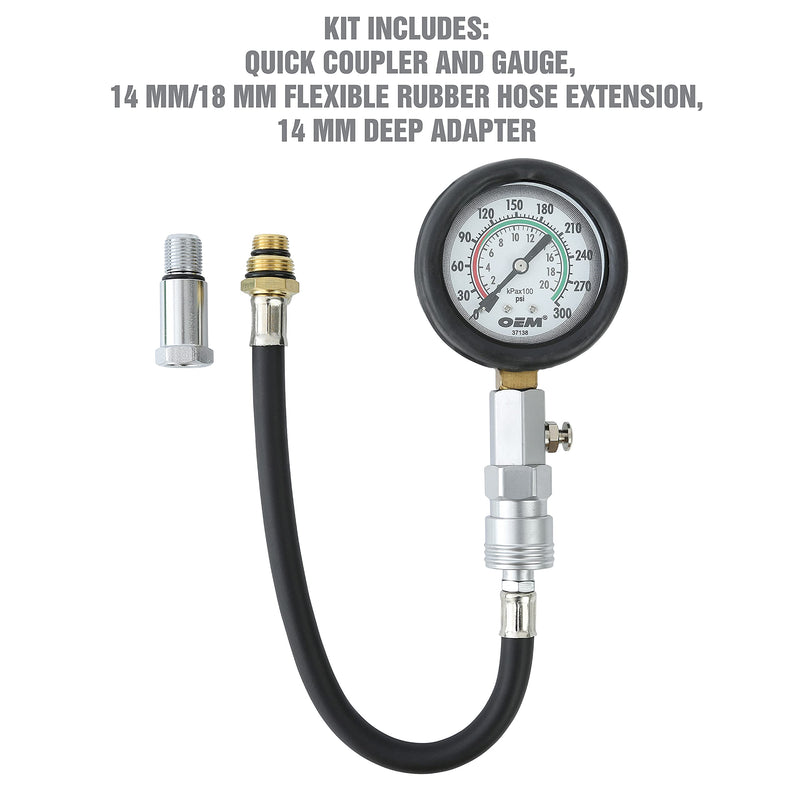 OEMTOOLS 37138 Compression Tester Gauge Set, Compression Tester Automotive, Engine Compression Tester with Flexible Hose, 14mm and 18mm Adapters