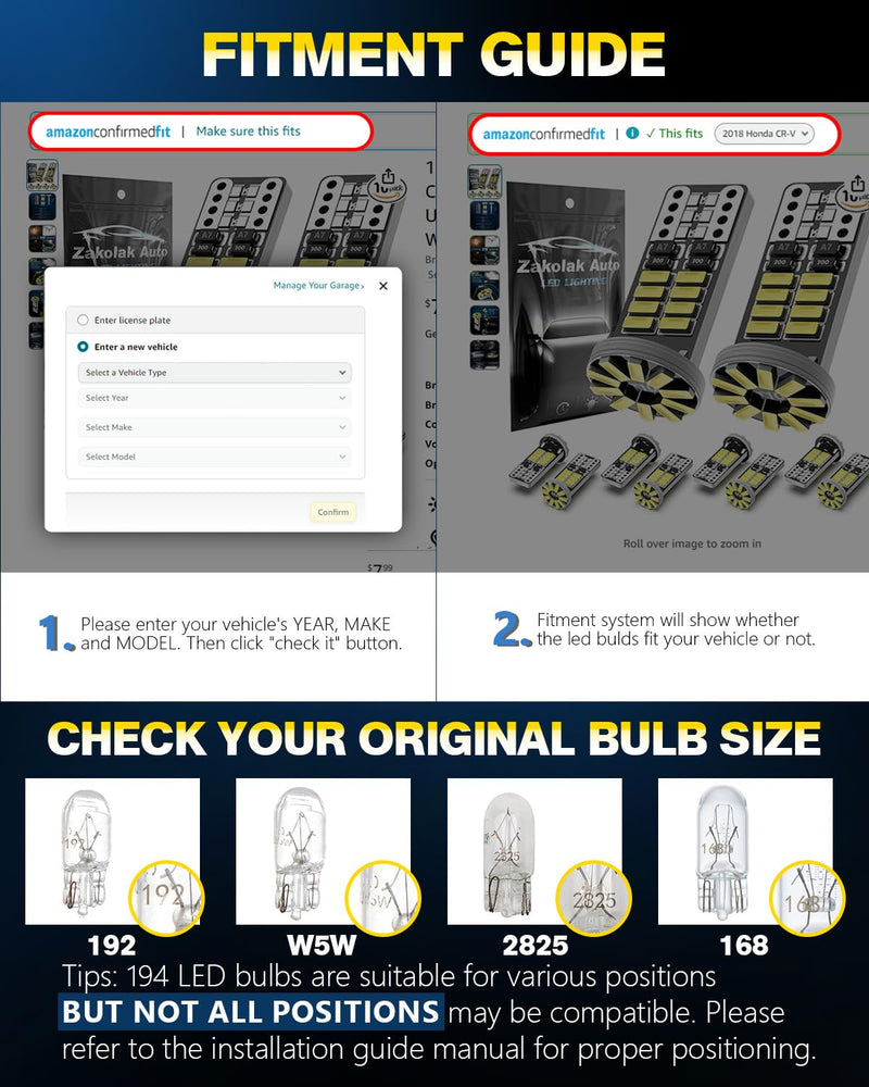 10Pcs 194 T10 168 W5W 2825 LED Bulb, Super Bright LED Car Interior Dome Map Camper RV License Plate Light Bulbs, Upgraded 25-SMD 3014 Chipsets 12V 400LM 6500K Xenon White
