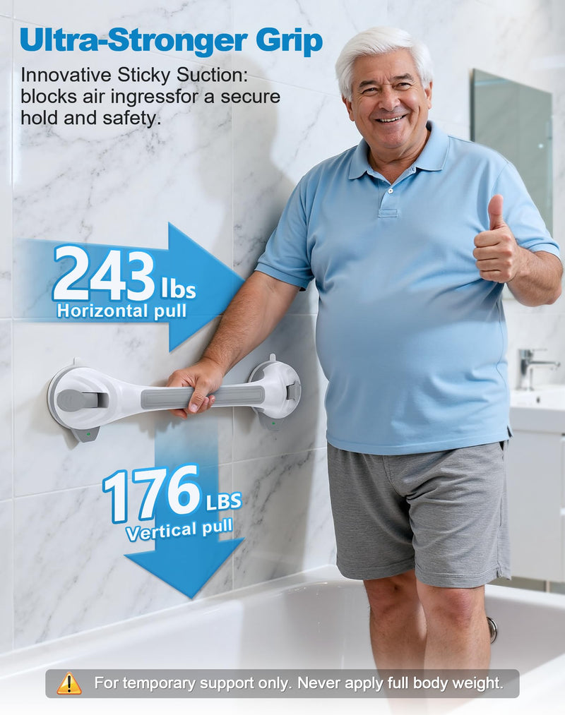 Grab Bars for Shower, 16.7" Shower Grab Bars for Seniors, Heavy Duty Suction Cup Shower Handle with Safety Indicators, No-Drill Anti-Slip Bathroom Shower Bars for Elderly & Handicap, 2 Pack White-Standard