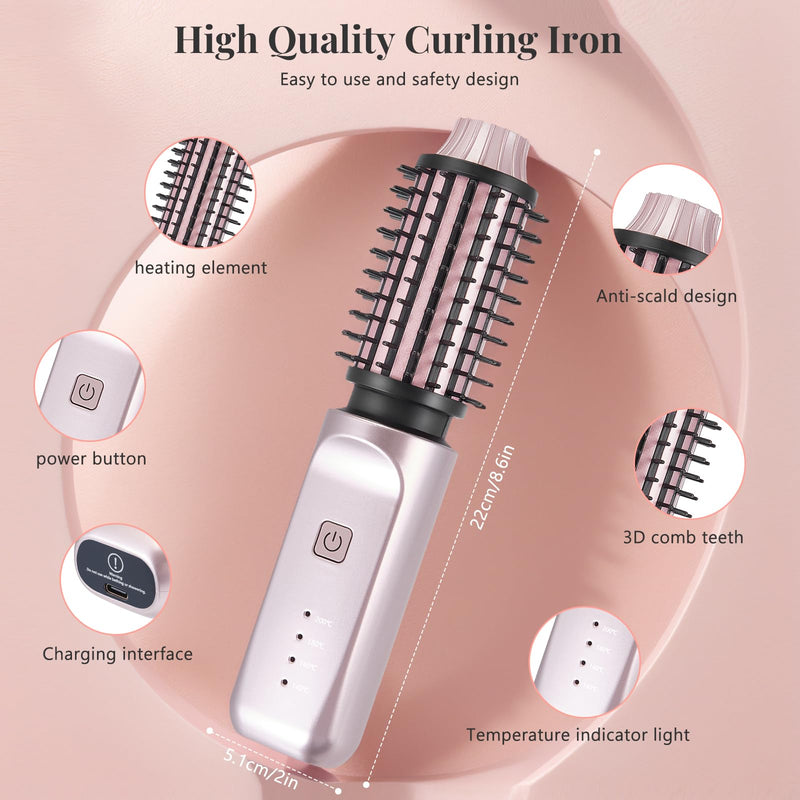 Cordless Curling Brush,3-in-1 Wireless Hair Curler Straightening Brushes,Portable USB Rechargeable Curling Iron,140℃-200℃,Travel Hot Brush for Curly/Straight/Volumising Styles