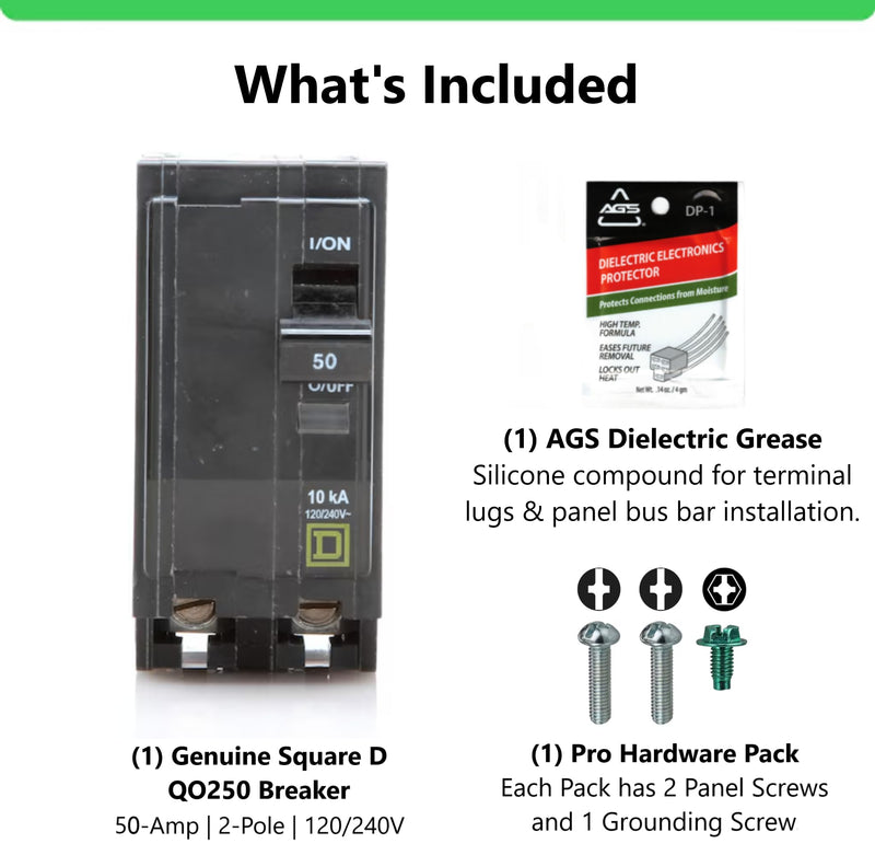 Genuine Square D QO250 Circuit Breaker Kit, 50 Amp (50A) Double Pole (2 Pole), 120/240V AC, 10kAIC, Plug-in Mount for QO Load Centers & Panels, Visi-Trip Indicator, New Replacement 50 Amp Kit