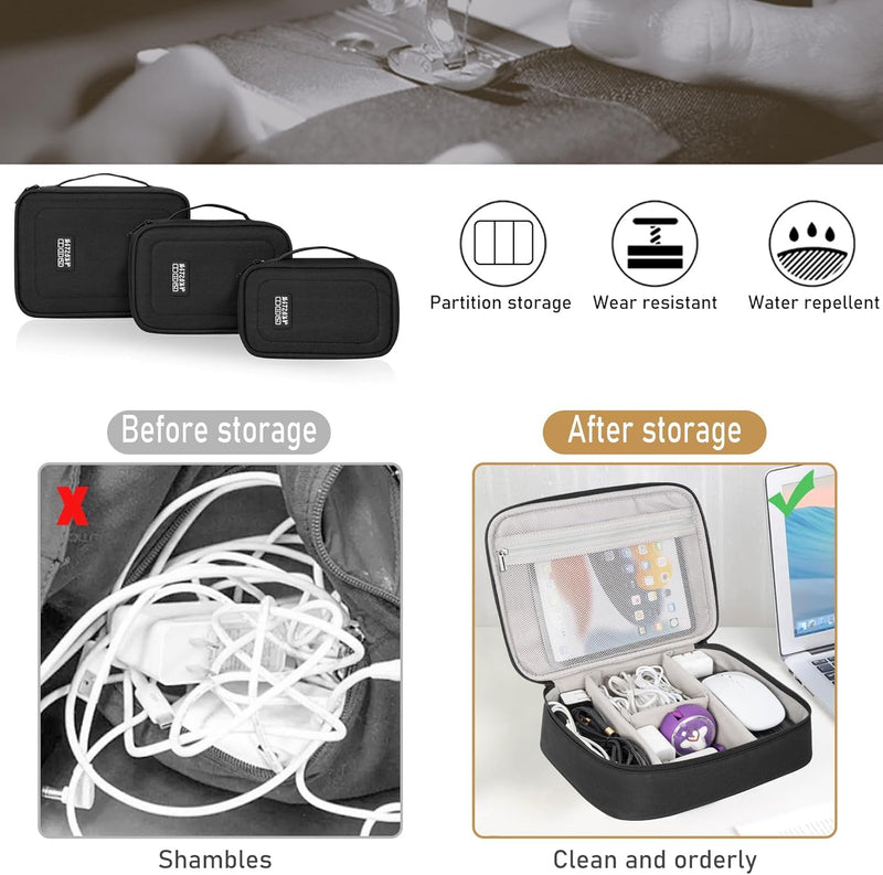 AKOZLIN Cable Organizer Bag, Padded Electronic Organizer Travel Case | Double Layer Cord Organizer Case 3pcs/set, DJ Cable File Accessories Bag with Adjustable Divider, Black