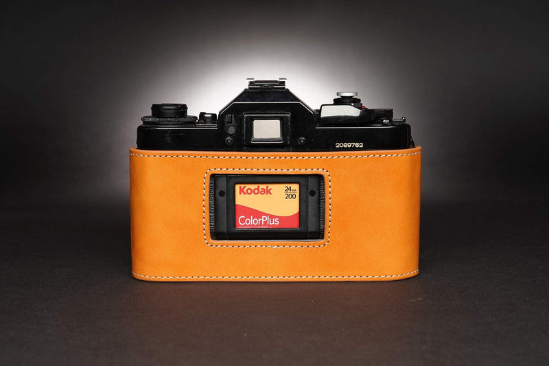 A-1 Case, BolinUS Handmade Genuine Real Leather Half Camera Case Bag Cover for Canon New AE-1 AE-1P A-1 (with Handle) Camera with Hand Strap (Yellow) Yellow