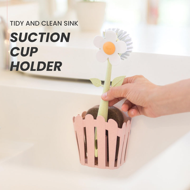 Vigar Florganic 3-in-1 Kitchen Sink Caddy Set, Flower-Shaped Dish Brush, Sponge, Fence-Shaped Holder and Suction Cup, Ideal Sink Organizer, Pink
