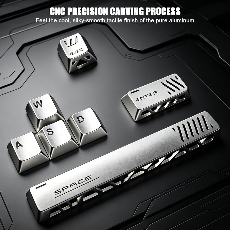 Aluminum CNC Machined Metal Keycaps Set of 7 for Mechanical Keyboard,Silver | Geometric Hollow-Out Design, Cherry Profile, MX Switch Compatible – for Gaming, Office, Typing (WASD+ESC+Enter+Space)