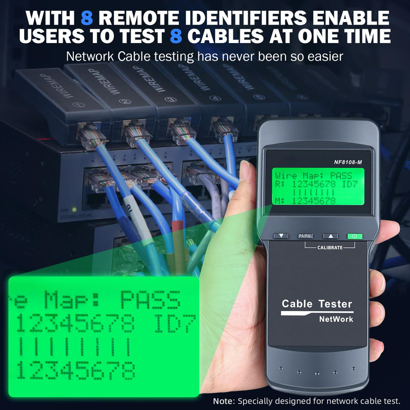 Network Cable Tester, Wire Fault Finder for Cat5, Cat6, 5e, 6e, Locate The Breakage Point, Length Measurement, Continuity Checking with 8 Remote Units