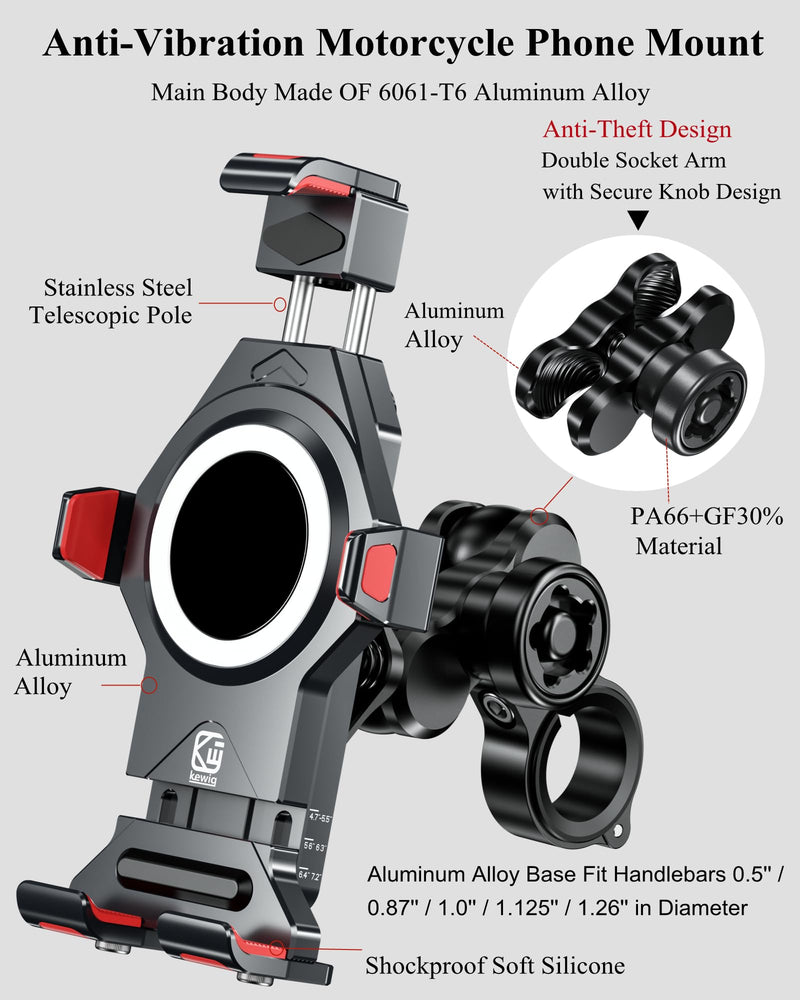 BRCOVAN Aluminum Alloy Motorcycle Phone Mount with Vibration Dampener & High-Speed Secure Lock, Anti-Theft Handlebar Cellphone Holder for Motorcycle Bike Bicycle Scooter ATV, for 4.7-7.2'' Smartphone BLACK
