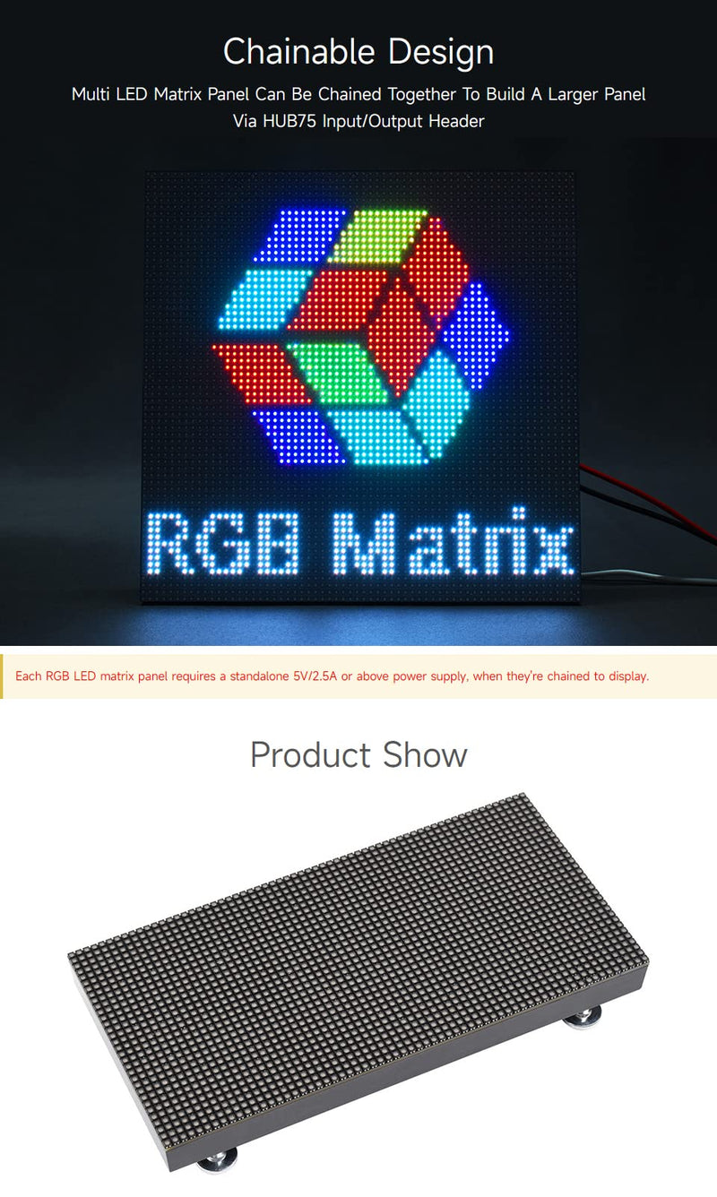waveshare RGB Full-Color LED Matrix Panel, 2.5mm Pitch, 64×32 Pixels, Adjustable Brightness, Compatible with Raspberry Pi 5/4B/3B/Zero/Zero W/Zero 2W/Pico/Pico W/Pico WH