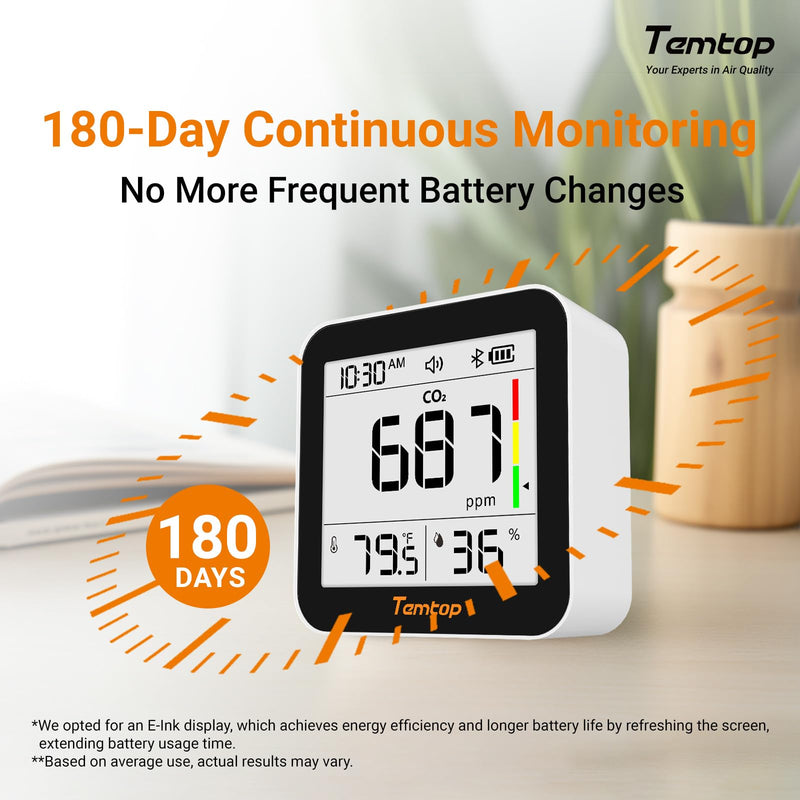Temtop CO2 Monitor Indoor Air Quality Monitor 3 in 1 CO2 Meter(Temperature, Humidity and CO2), 180 Days Standby Time Basic: CO2/Temp/Humidity