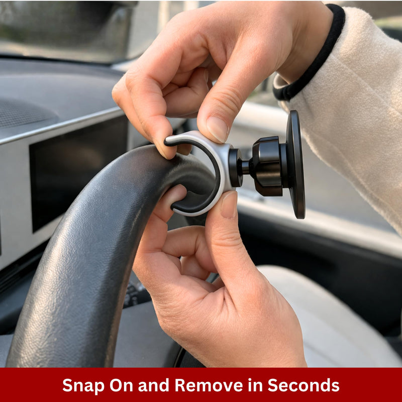 Maxby Steering Wheel Phone Holder with Magnetic Mount for Parked Use | Magnetic mount installs in seconds; 360° rotation enables hands-free viewing for calls, videos and meals while parked.