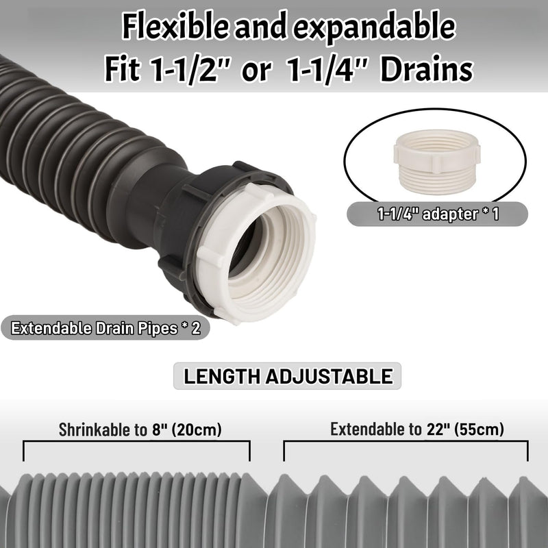 Garbage Disposal Drain Kit, Elbow Replacement, 1-1/2" Pipe Diameter, Includes Elbow, Flange, Gasket, Two Screws, and Two Extendable Drain Pipes