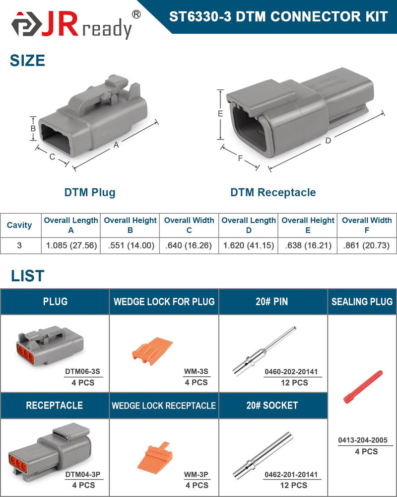 JRready Deutsch DTM 3 Pin Connectors 4 Kits, Waterproof Electrical Wire Connectors with Size 20 Solid Contacts 20-22AWG, ST6330-3 Deutsch Automotive Connectors Kit for Car, Truck, Marine DTM 3 PIN 4 SET