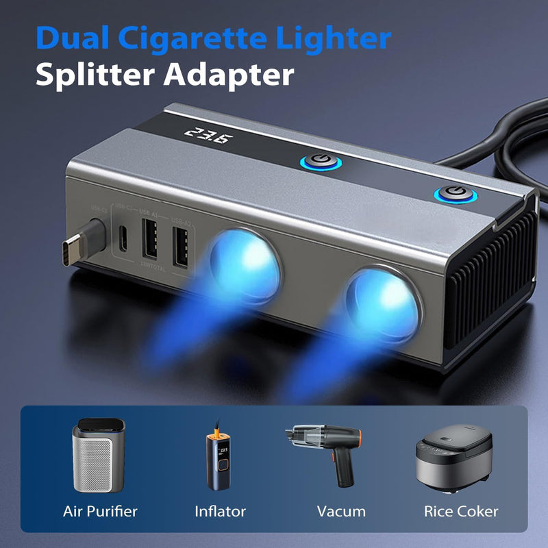 6-in-1 Cigarette Lighter Splitter, 65W PD Fast Charging, 120W Total Output, Two 12V Sockets, Retractable USB-C Cable, Battery Monitor, Trickle Charge, 1M Extension Cable for Front & Rear Charging
